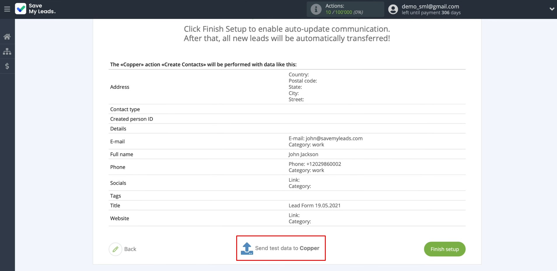 Facebook and Copper integration | Click “Send test data to Copper” Facebook and Copper integration | Click “Send test data to Copper”