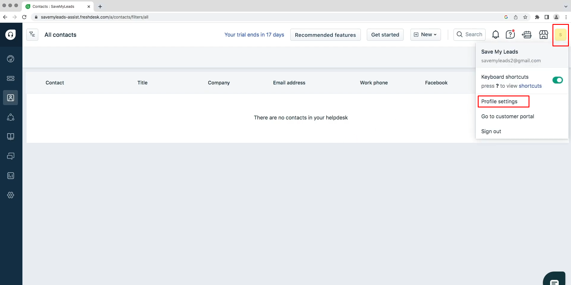 Facebook and Freshdesk integration | Go to the profile settings section Facebook and Freshdesk integration | Go to the profile settings section