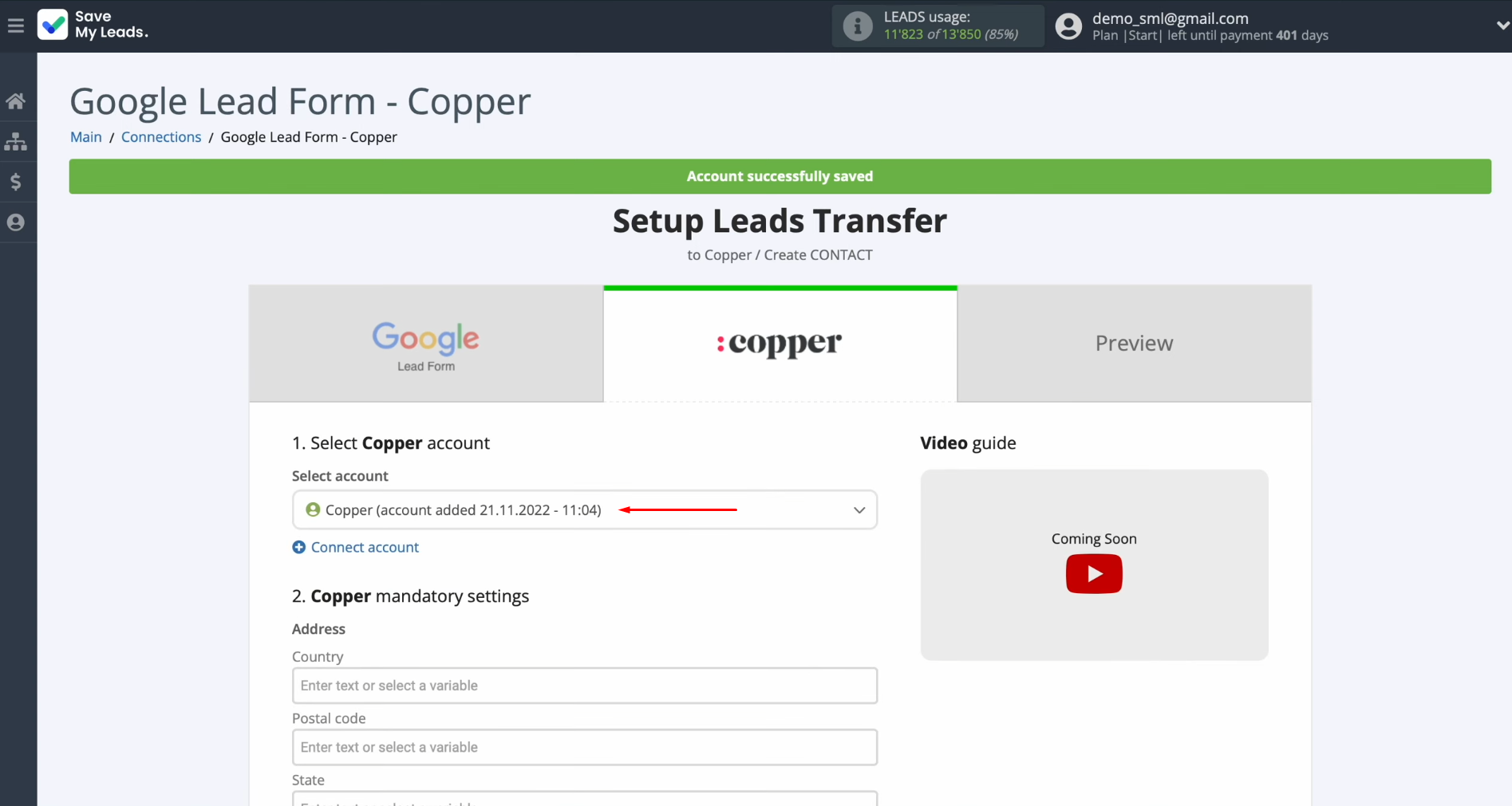Google Lead Form and Copper integration | Select the connected account Google Lead Form and Copper integration | Select the connected account