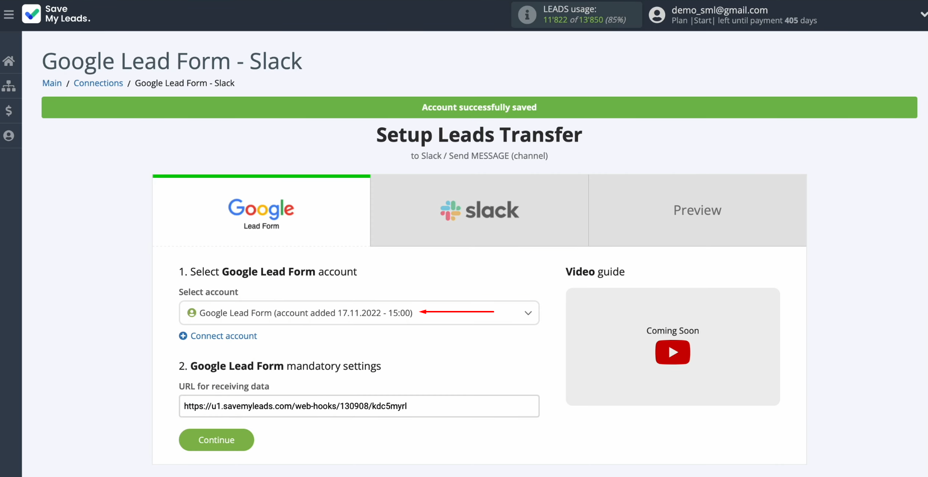Google Lead Form and Slack integration | Select the connected account Google Lead Form and Slack integration | Select the connected account