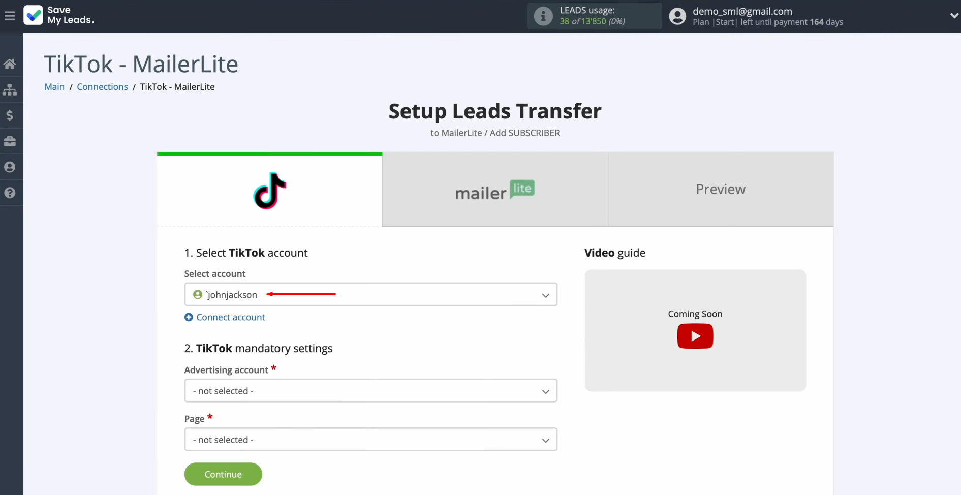 TikTok and MailerLite integration | Select the connected account TikTok and MailerLite integration | Select the connected account