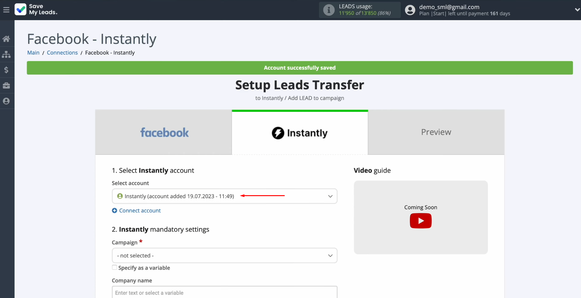 Instantly and Facebook Lead Ads integration | Select the connected account Instantly and Facebook Lead Ads integration | Select the connected account