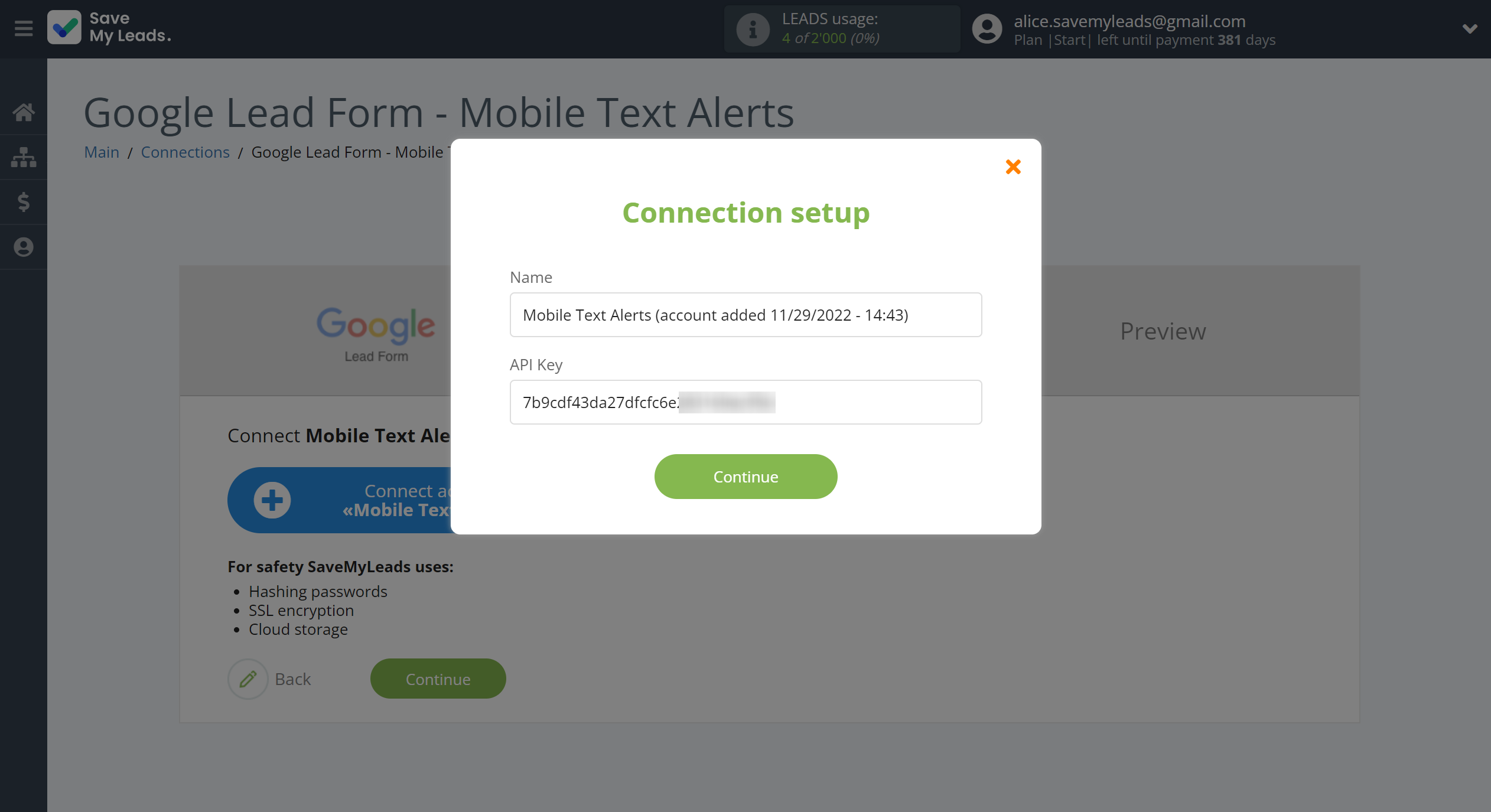 Google Lead Form and Mobile Text Alerts integration | Paste the API key into the appropriate field in SaveMyLeads Google Lead Form and Mobile Text Alerts integration | Paste the API key into the appropriate field in SaveMyLeads