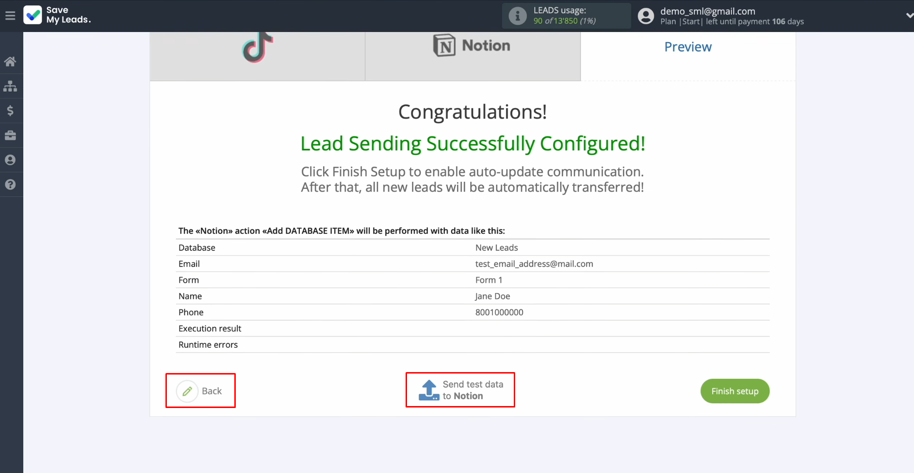 Notion and TikTok integration | Click "Back" or "Send test data to Notion" Notion and TikTok integration | Click "Back" or "Send test data to Notion"