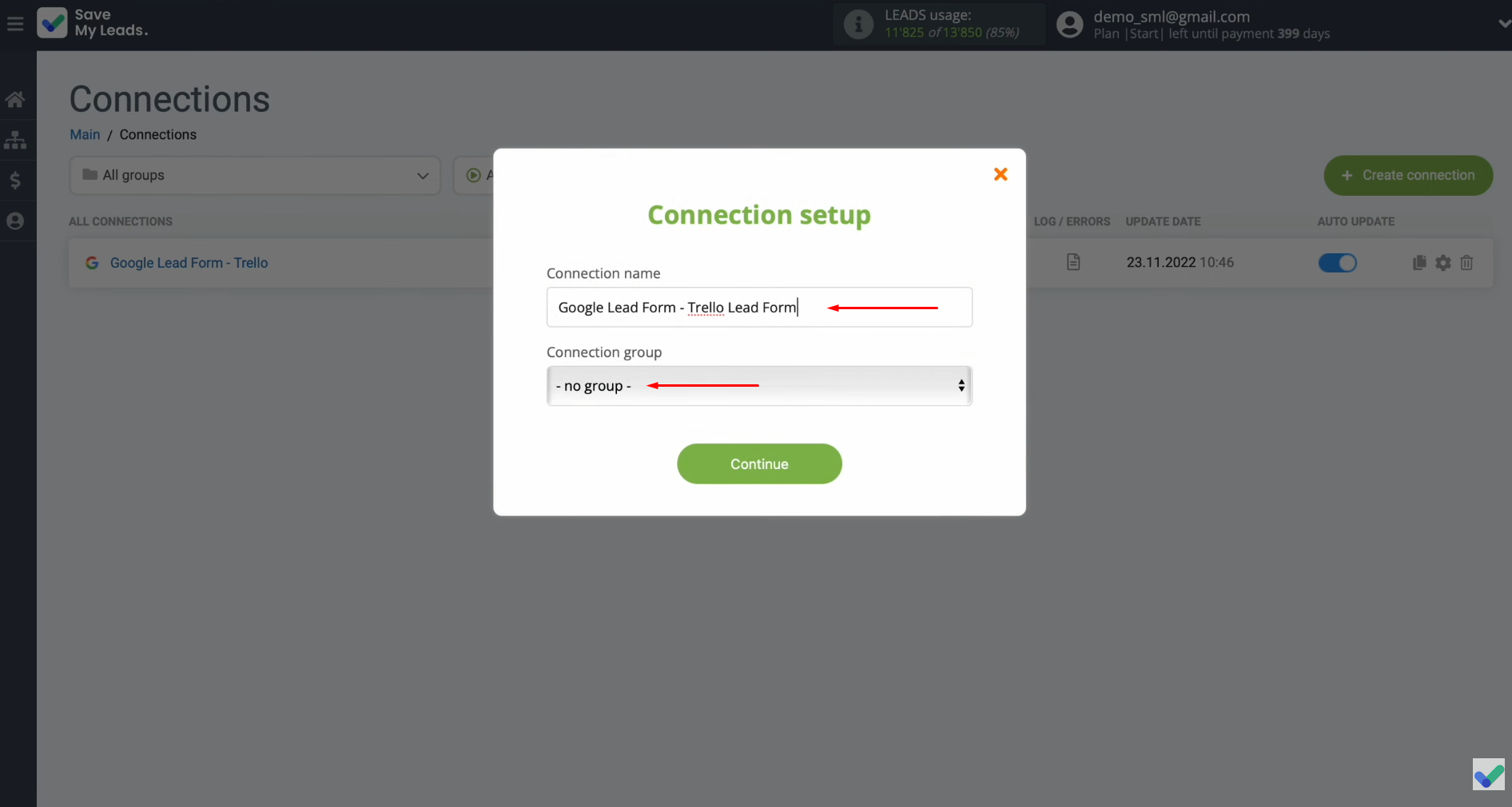 Google Lead Form and Trello integration | Change the connection name, add it to a group, and click "Continue" Google Lead Form and Trello integration | Change the connection name, add it to a group, and click "Continue"