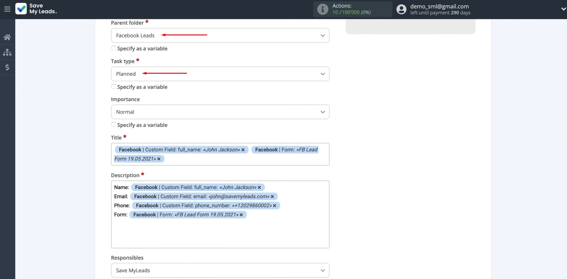 Facebook and Wrike integration | Choose the parent folder and the task type Facebook and Wrike integration | Choose the parent folder and the task type