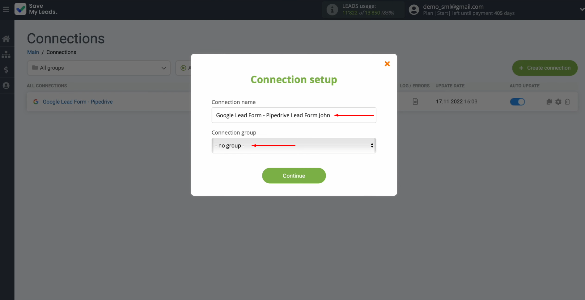 Google Leads and Pipedrive integration | Rename the connection and add it to a group Google Leads and Pipedrive integration | Rename the connection and add it to a group