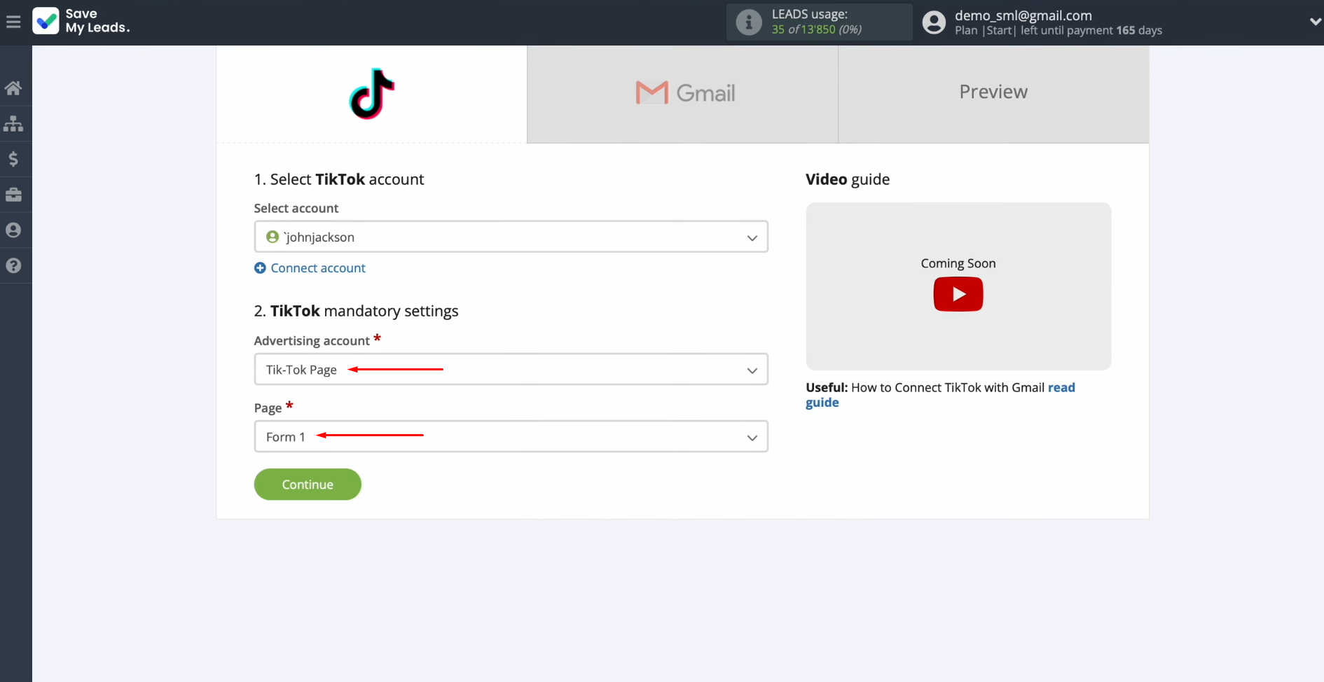 TikTok and Gmail integration | Select an advertising page and form TikTok and Gmail integration | Select an advertising page and form