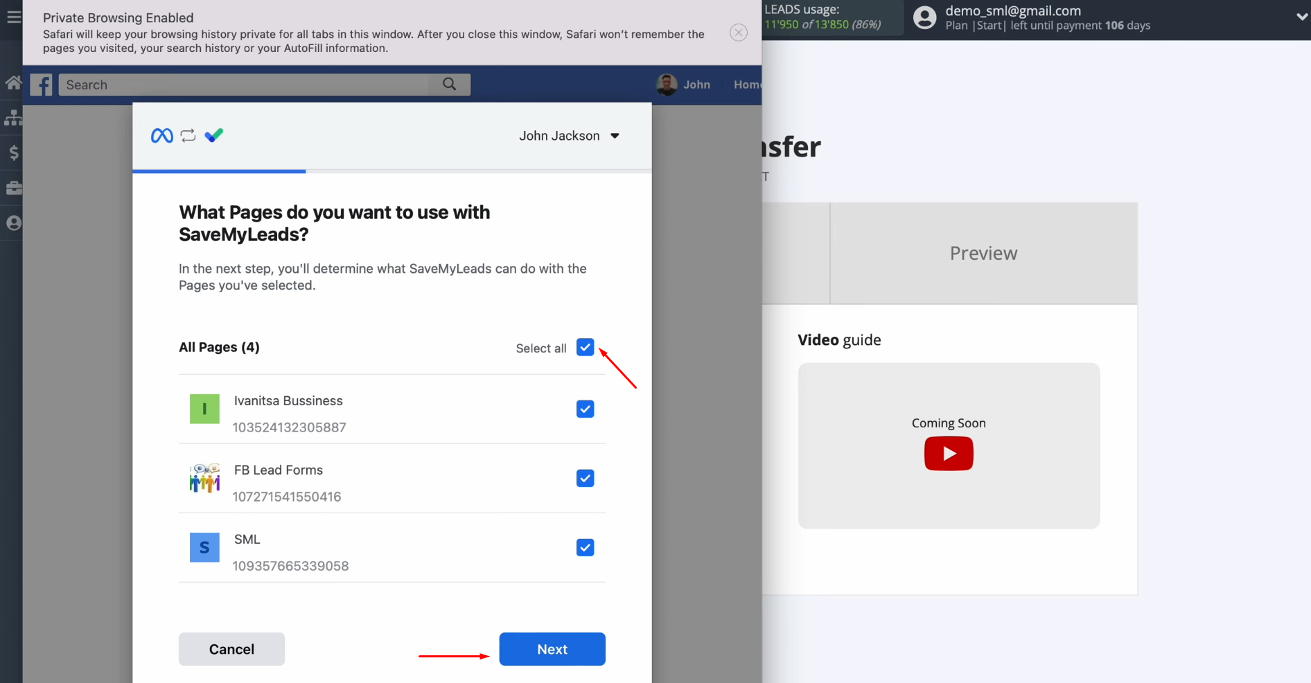 Facebook and HelpCrunch integration | Select the advertising pages Facebook and HelpCrunch integration | Select the advertising pages