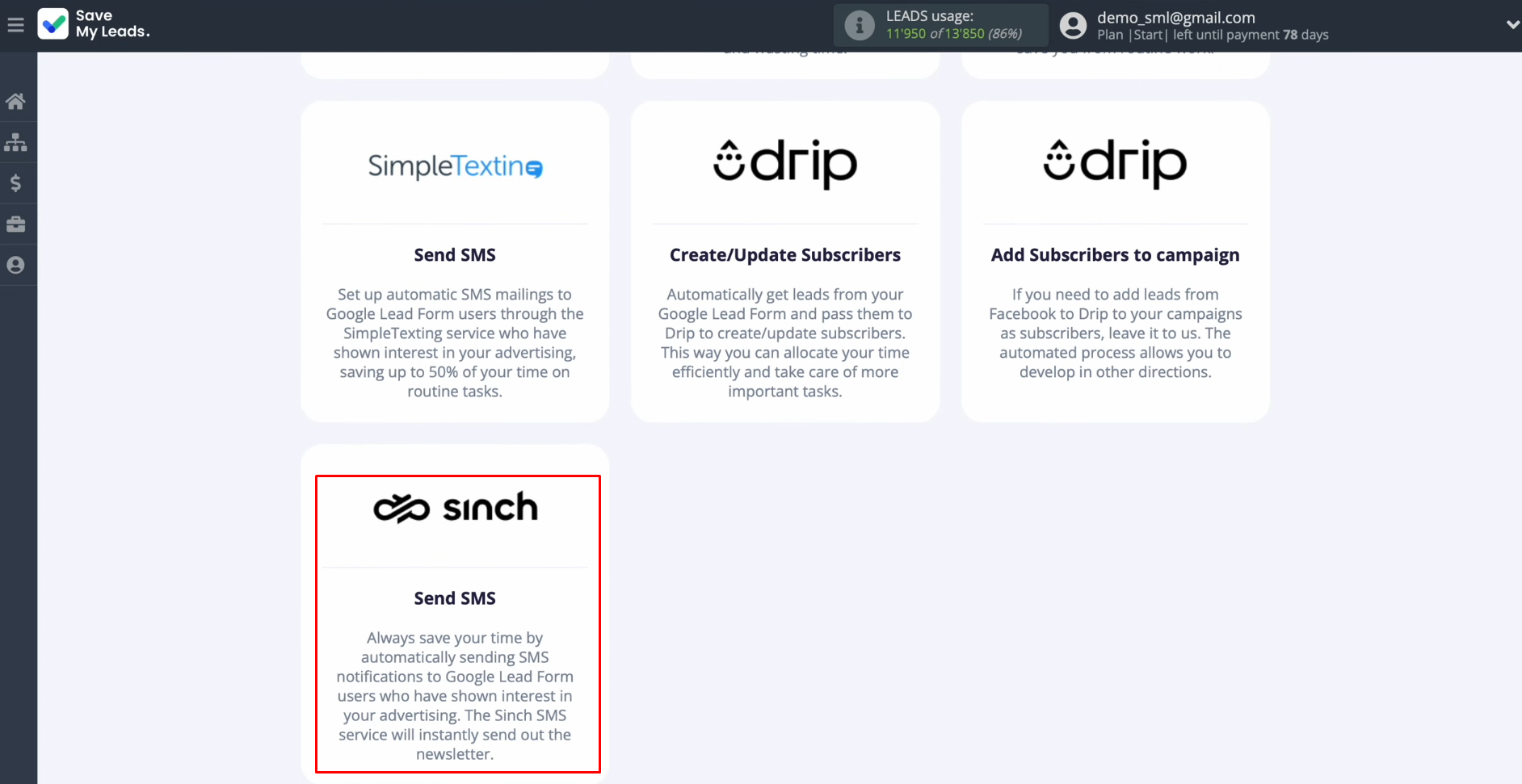 Google Lead Form and Sinch integration | Select the Sinch (Send SMS) Google Lead Form and Sinch integration | Select the Sinch (Send SMS)