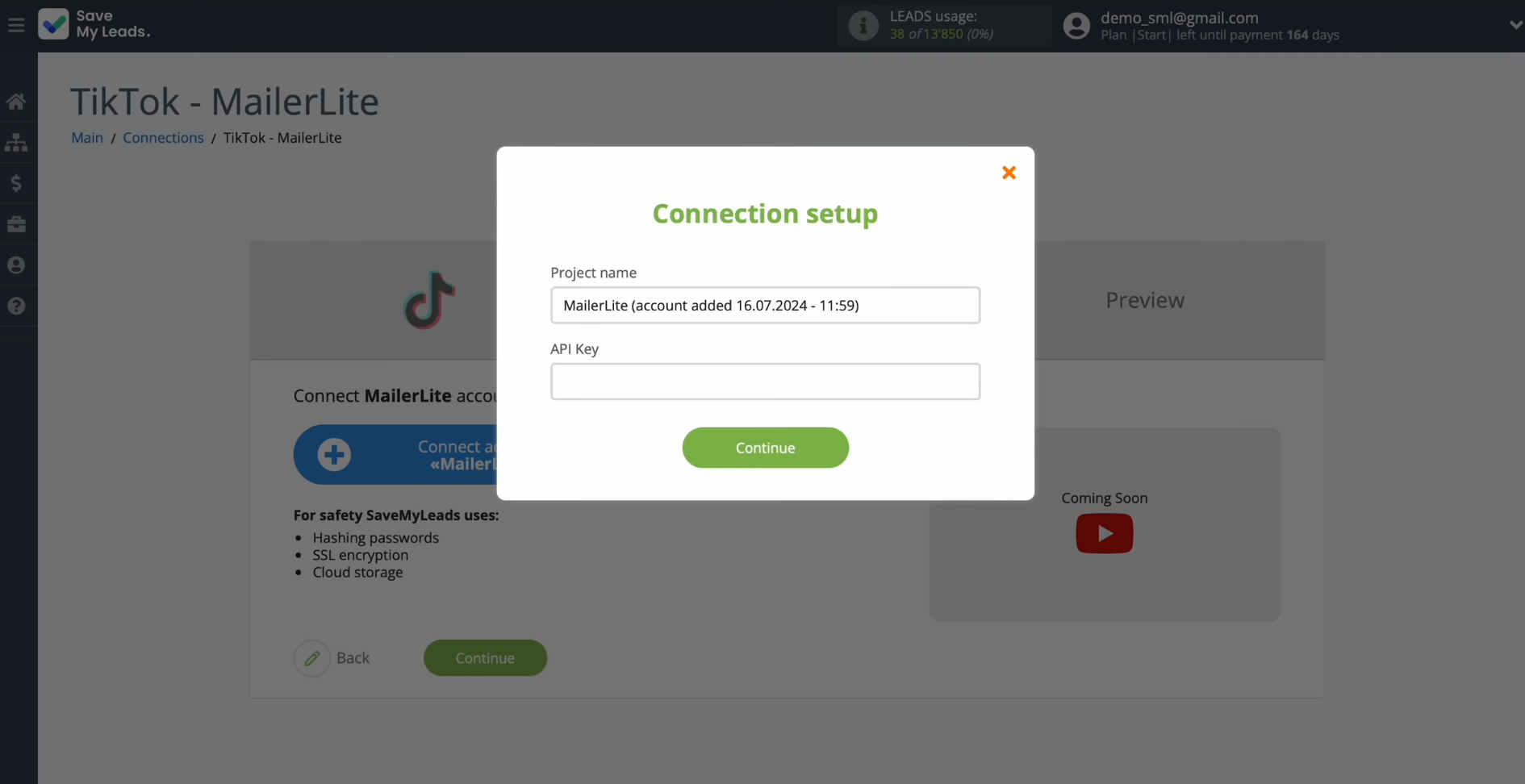 MailerLite and TikTok integration | Here you will need to enter the API key MailerLite and TikTok integration | Here you will need to enter the API key