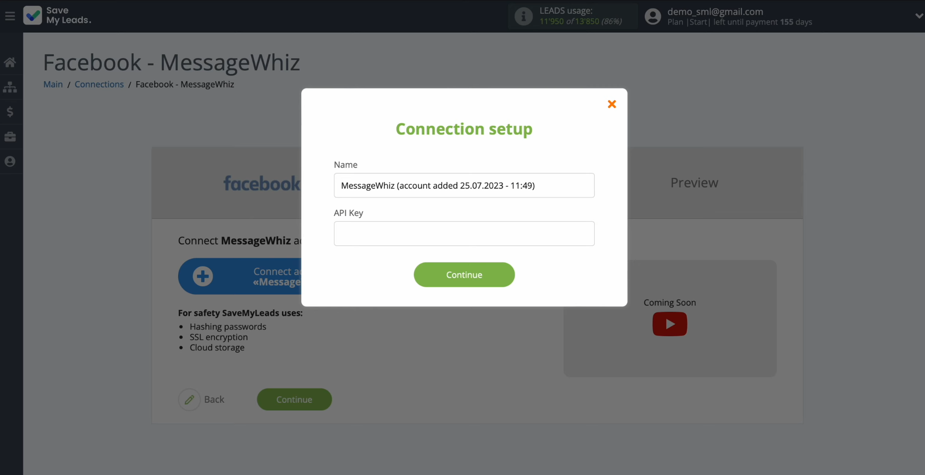 MessageWhiz and Facebook integration | Specify the API key MessageWhiz and Facebook integration | Specify the API key