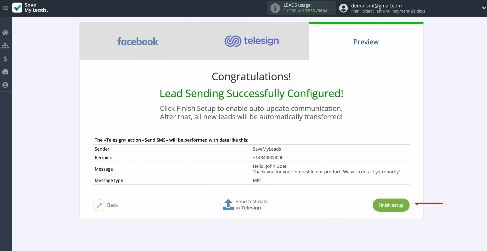 Telesign and Facebook integration | Click “Finish setup” Telesign and Facebook integration | Click “Finish setup”