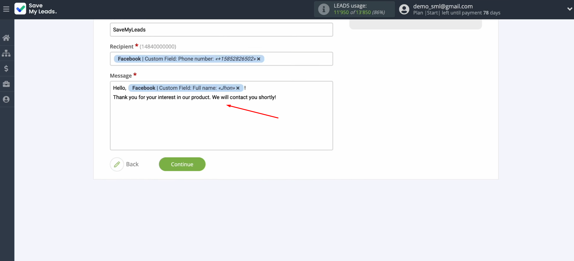Facebook and Sinch integration | Create a message that will be sent as an SMS Facebook and Sinch integration | Create a message that will be sent as an SMS