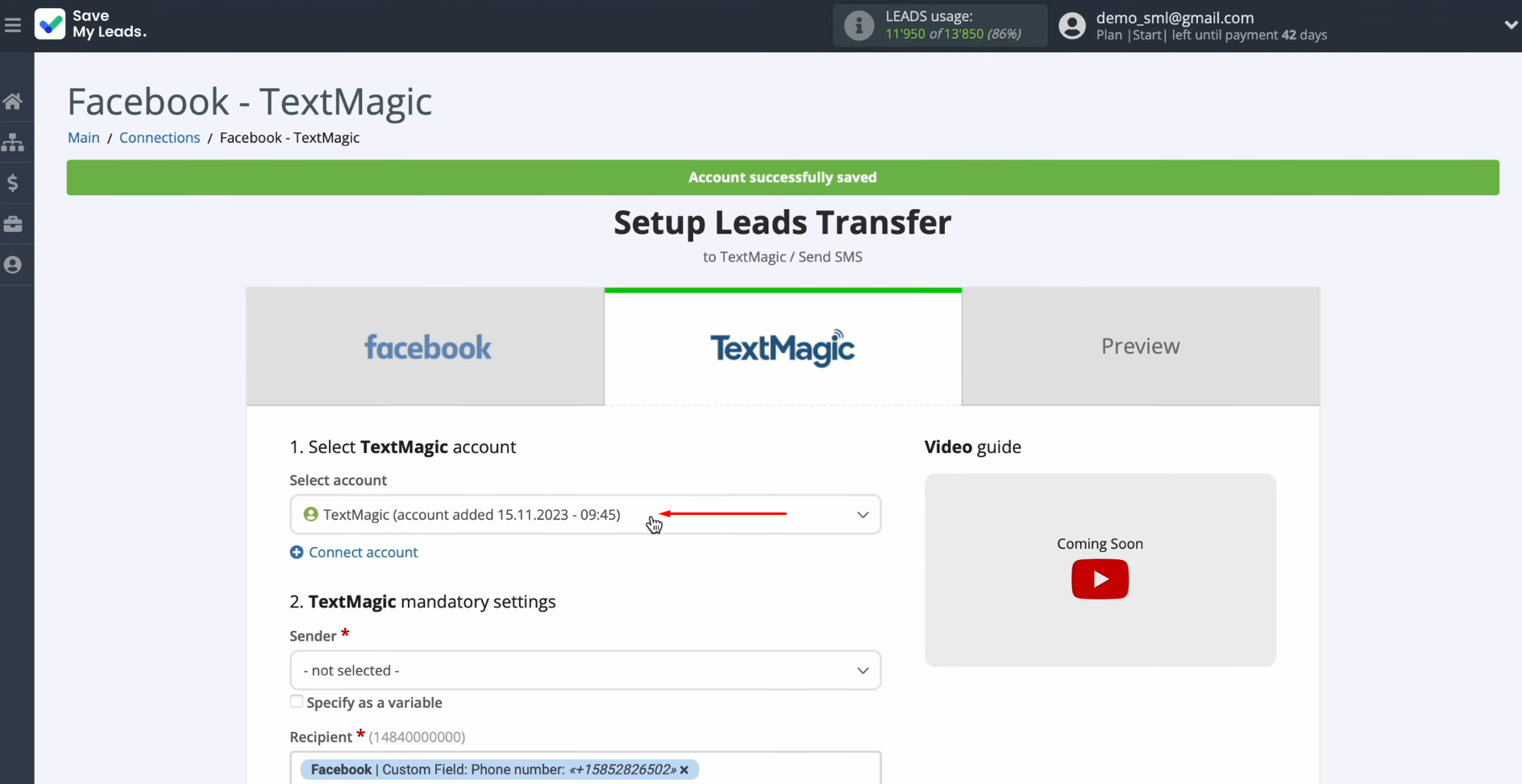 Textmagic and Facebook integration | Select the connected account Textmagic and Facebook integration | Select the connected account