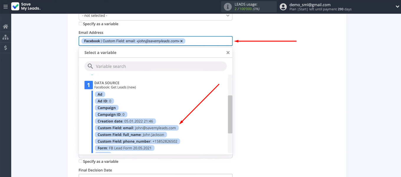 Facebook and Microsoft Dynamics 365 integration | Select the Facebook variable from the drop-down list Facebook and Microsoft Dynamics 365 integration | Select the Facebook variable from the drop-down list
