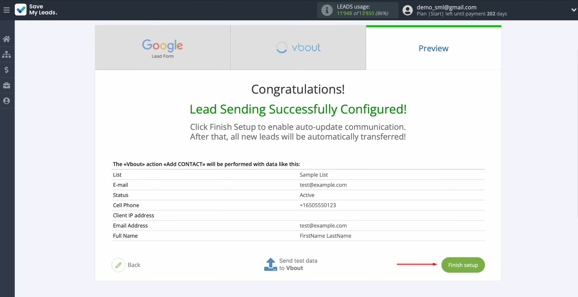 Google Ads Lead Form and Vbout integration | Click on “Finish setup” Google Ads Lead Form and Vbout integration | Click on “Finish setup”