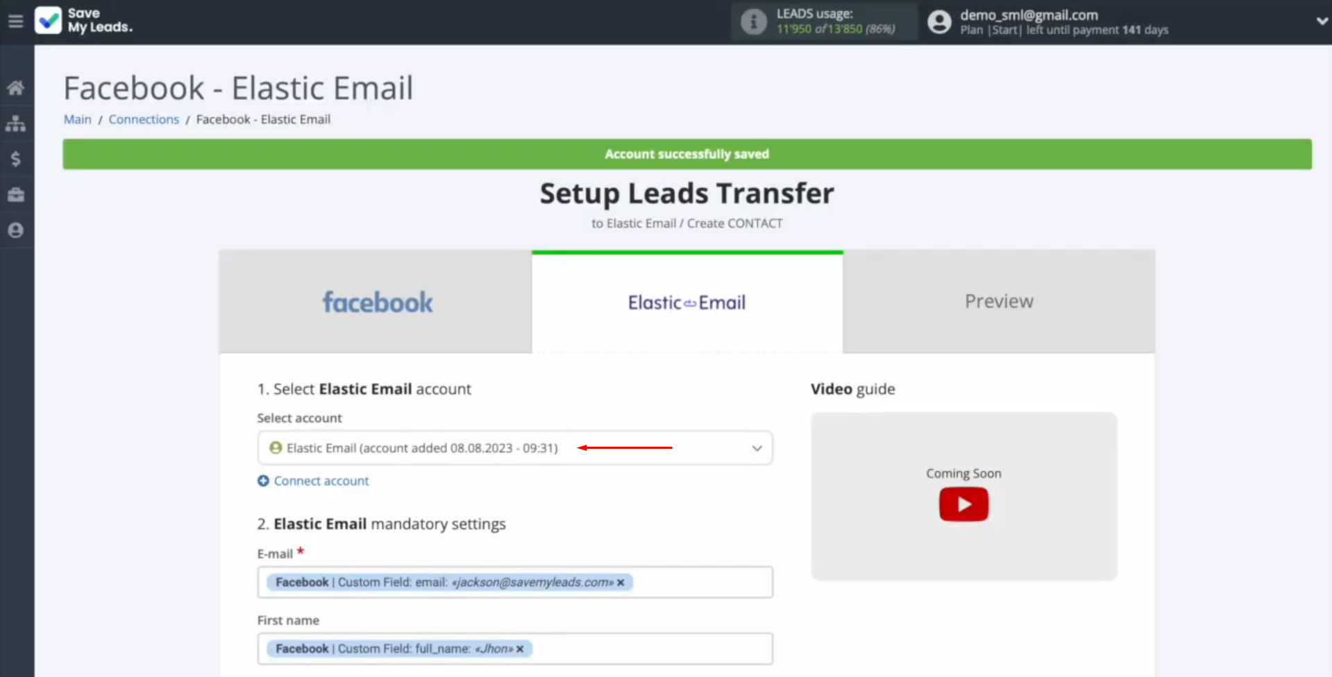 Elastic Email and Facebook integration | Select the connected account Elastic Email and Facebook integration | Select the connected account