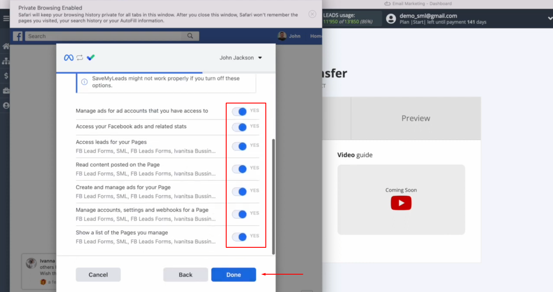 Elastic Email and Facebook integration | Leave all access checkboxes enabled Elastic Email and Facebook integration | Leave all access checkboxes enabled