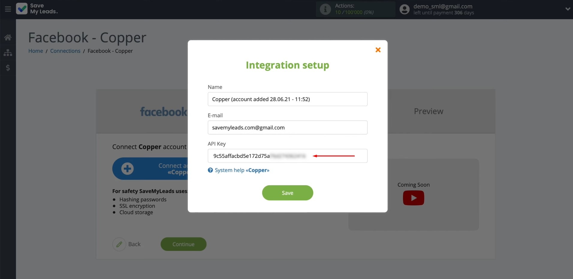 Facebook and Copper integration | Paste the API key into the appropriate field in SaveMyLeads Facebook and Copper integration | Paste the API key into the appropriate field in SaveMyLeads