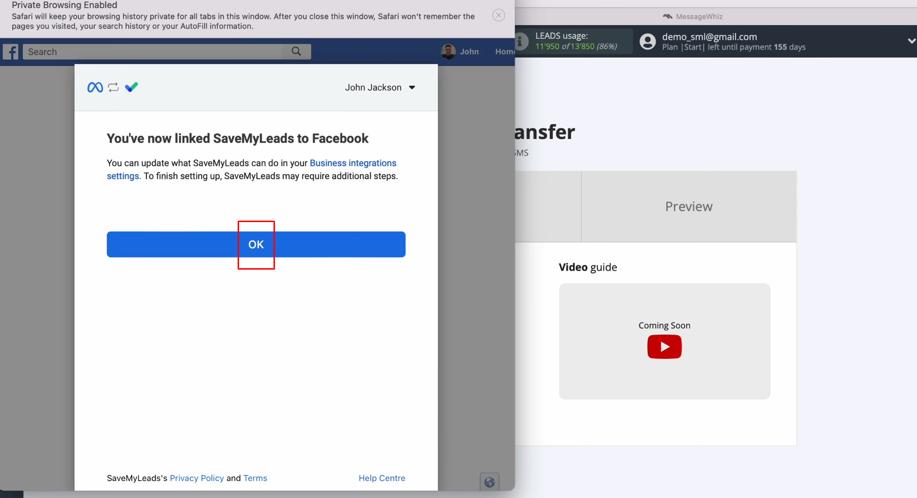 MessageWhiz and Facebook integration | Click on “OK” MessageWhiz and Facebook integration | Click on “OK”