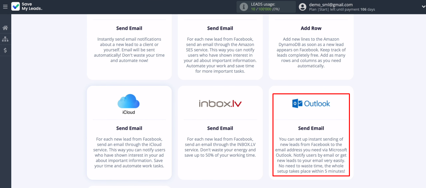 Facebook and Microsoft Outlook integration | Select template “Outlook (Send Email)” Facebook and Microsoft Outlook integration | Select template “Outlook (Send Email)”