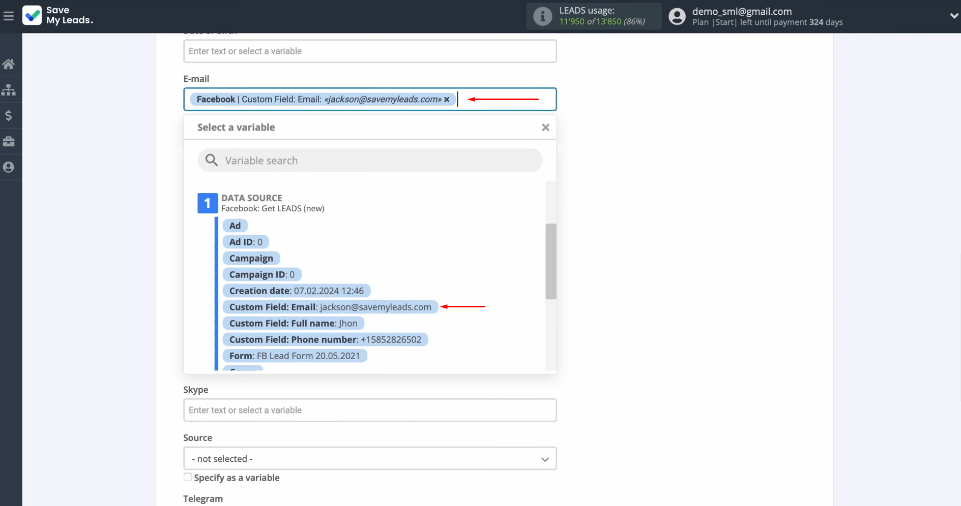 PeopleForce and Facebook integration | Select variables from the drop-down list PeopleForce and Facebook integration | Select variables from the drop-down list
