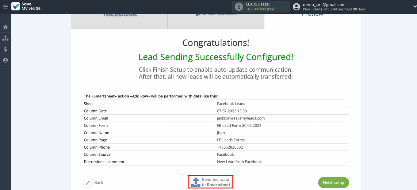 Facebook Lead Ads and Smartsheet integration | Send test data to Smartsheet Facebook Lead Ads and Smartsheet integration | Send test data to Smartsheet
