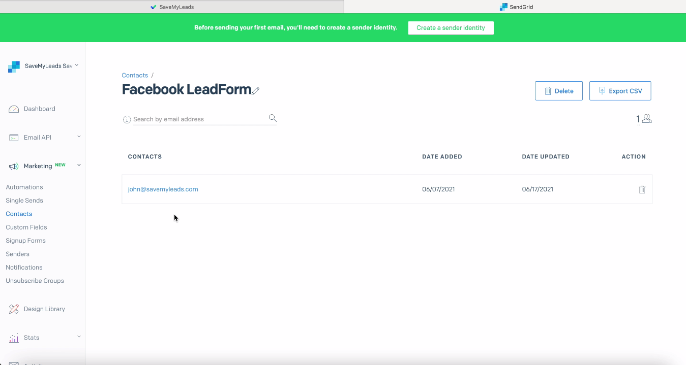 Facebook and SendGrid integration | Data test result Facebook and SendGrid integration | Data test result