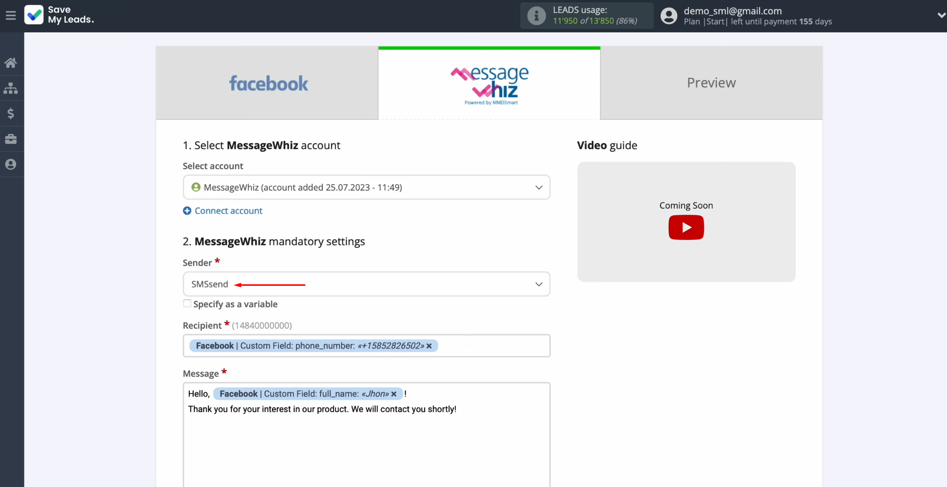 MessageWhiz and Facebook integration | Select a sender MessageWhiz and Facebook integration | Select a sender