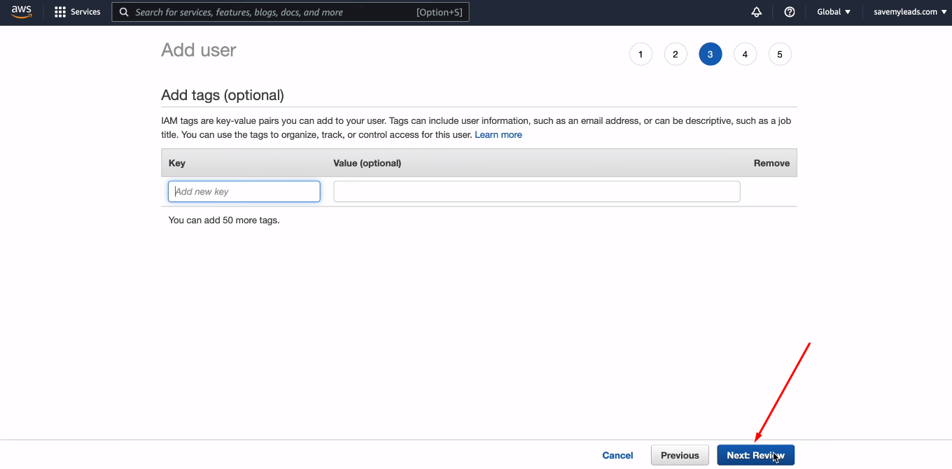 Facebook and Amazon DynamoDB integration | Click "Next: Review" Facebook and Amazon DynamoDB integration | Click "Next: Review"