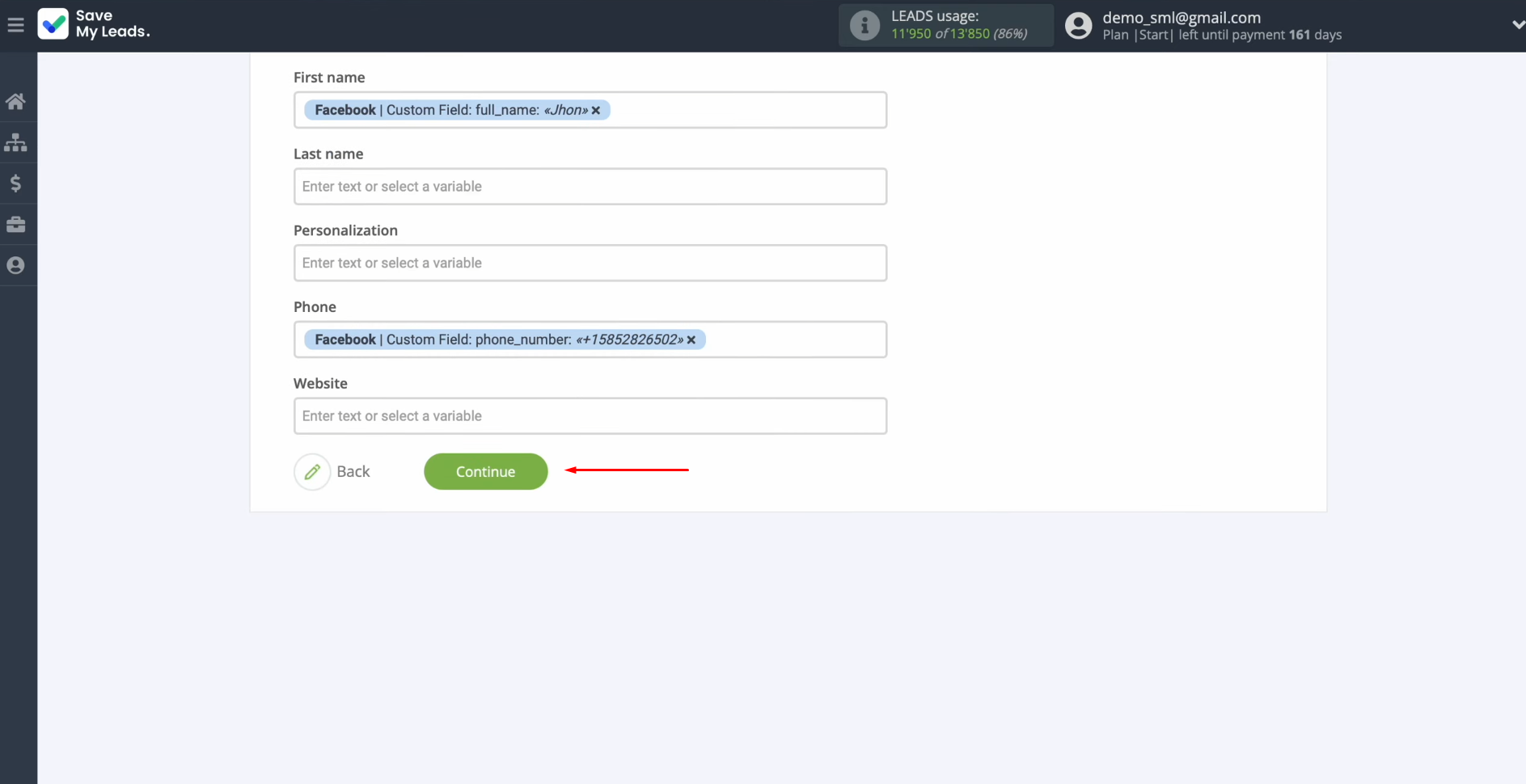 Facebook and Instantly integration | Click “Continue” Facebook and Instantly integration | Click “Continue”