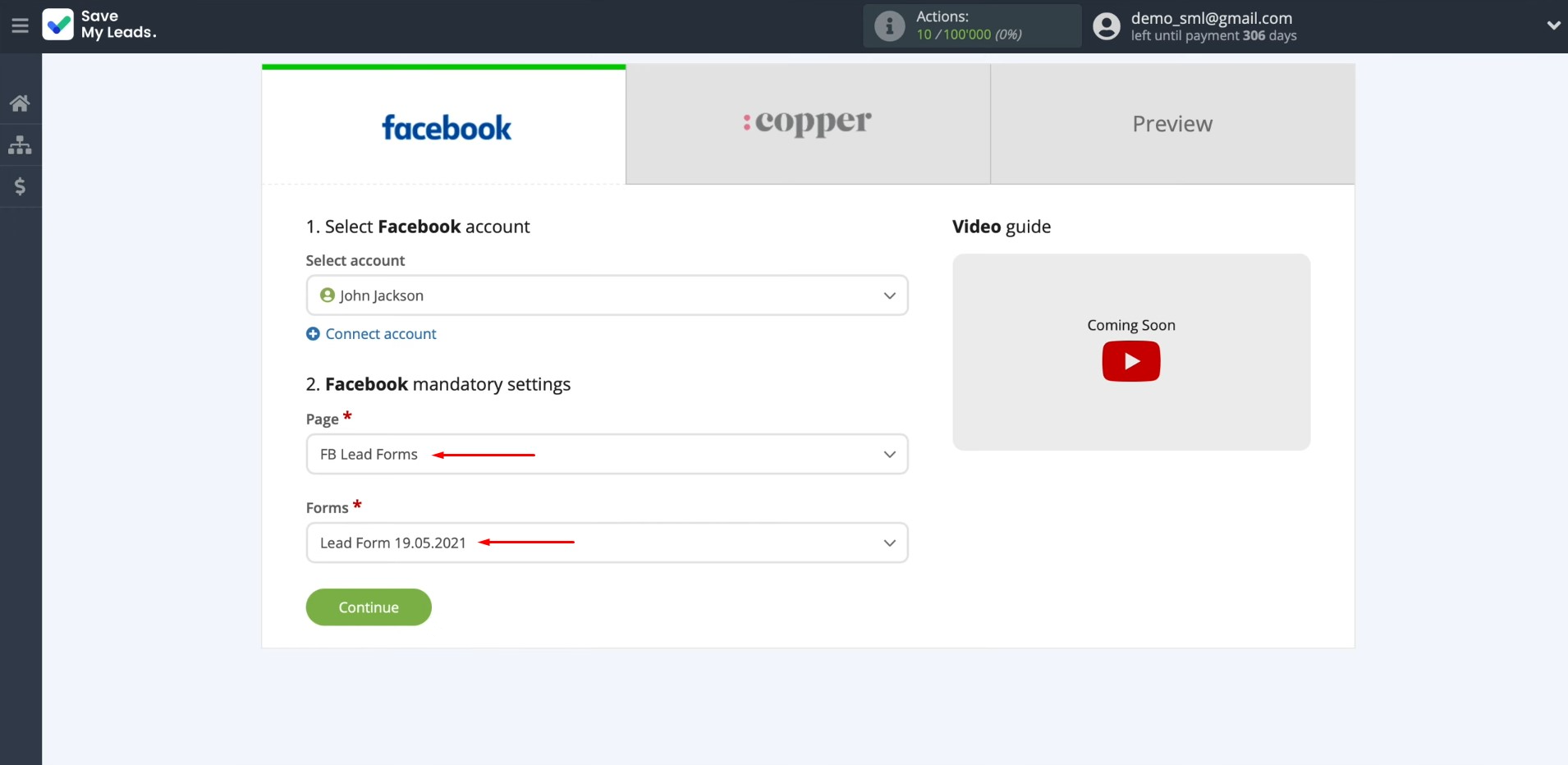 Facebook and Copper integration | Select the advertising page and specify the form Facebook and Copper integration | Select the advertising page and specify the form