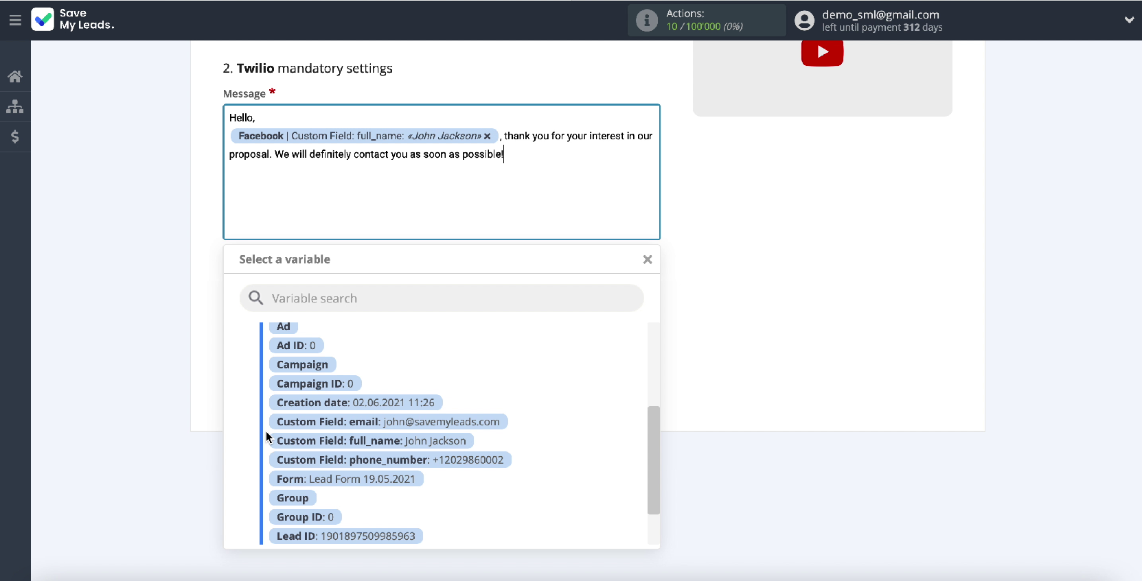 Facebook and Twilio integration | Specify a variable Facebook and Twilio integration | Specify a variable