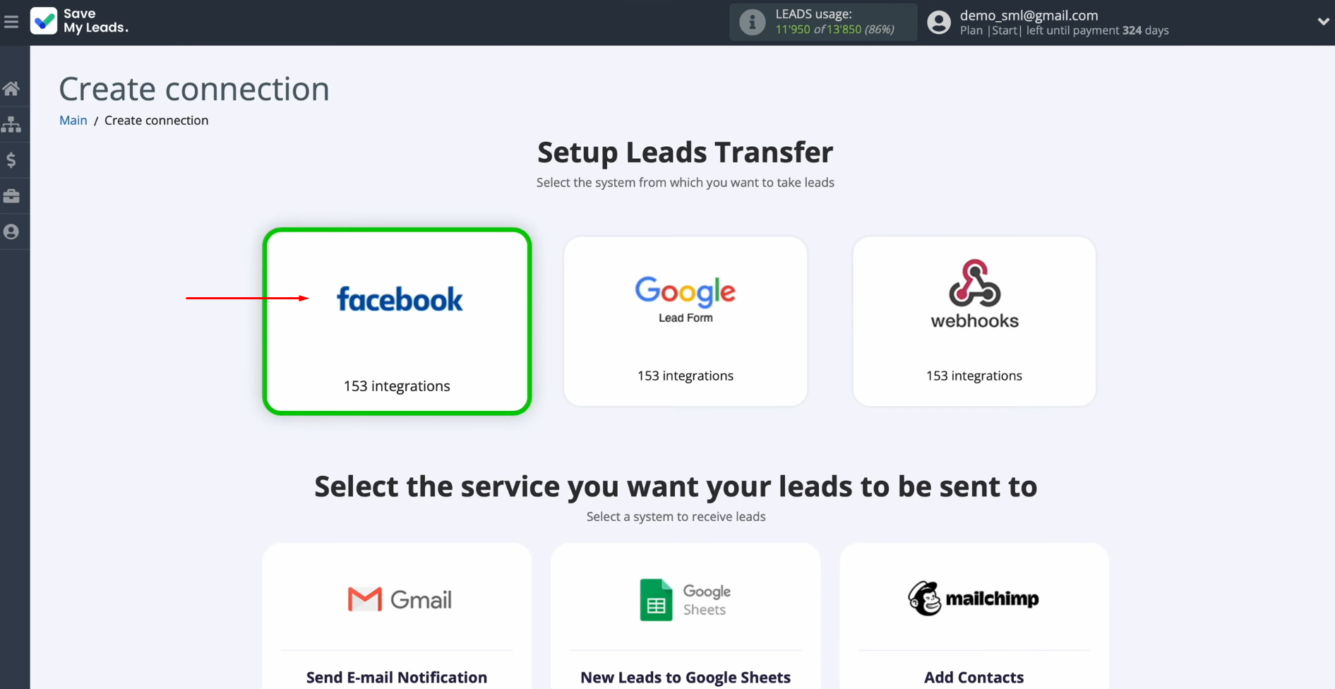 PeopleForce and Facebook integration | Select the data source system PeopleForce and Facebook integration | Select the data source system