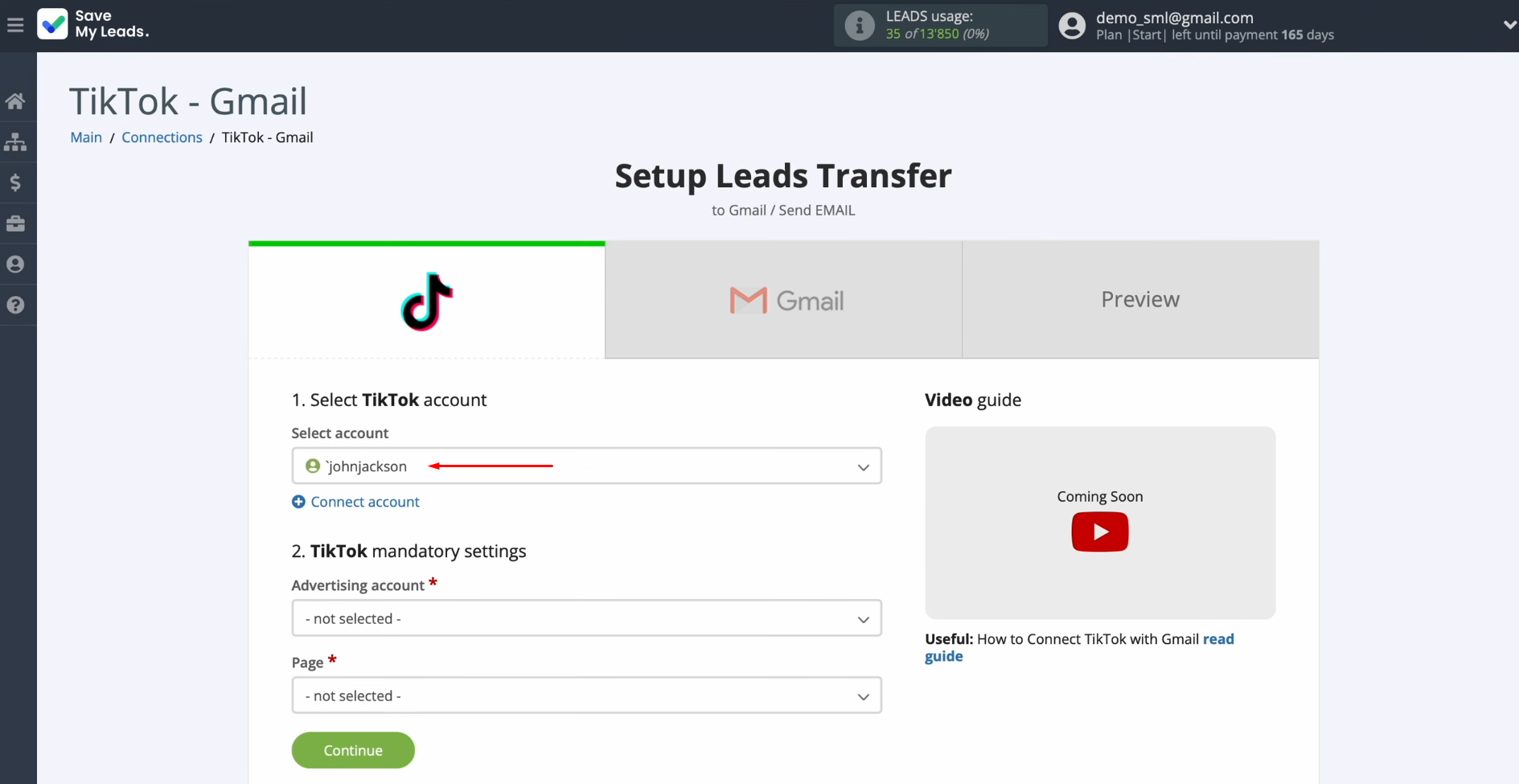 TikTok and Gmail integration | Select the connected account TikTok and Gmail integration | Select the connected account