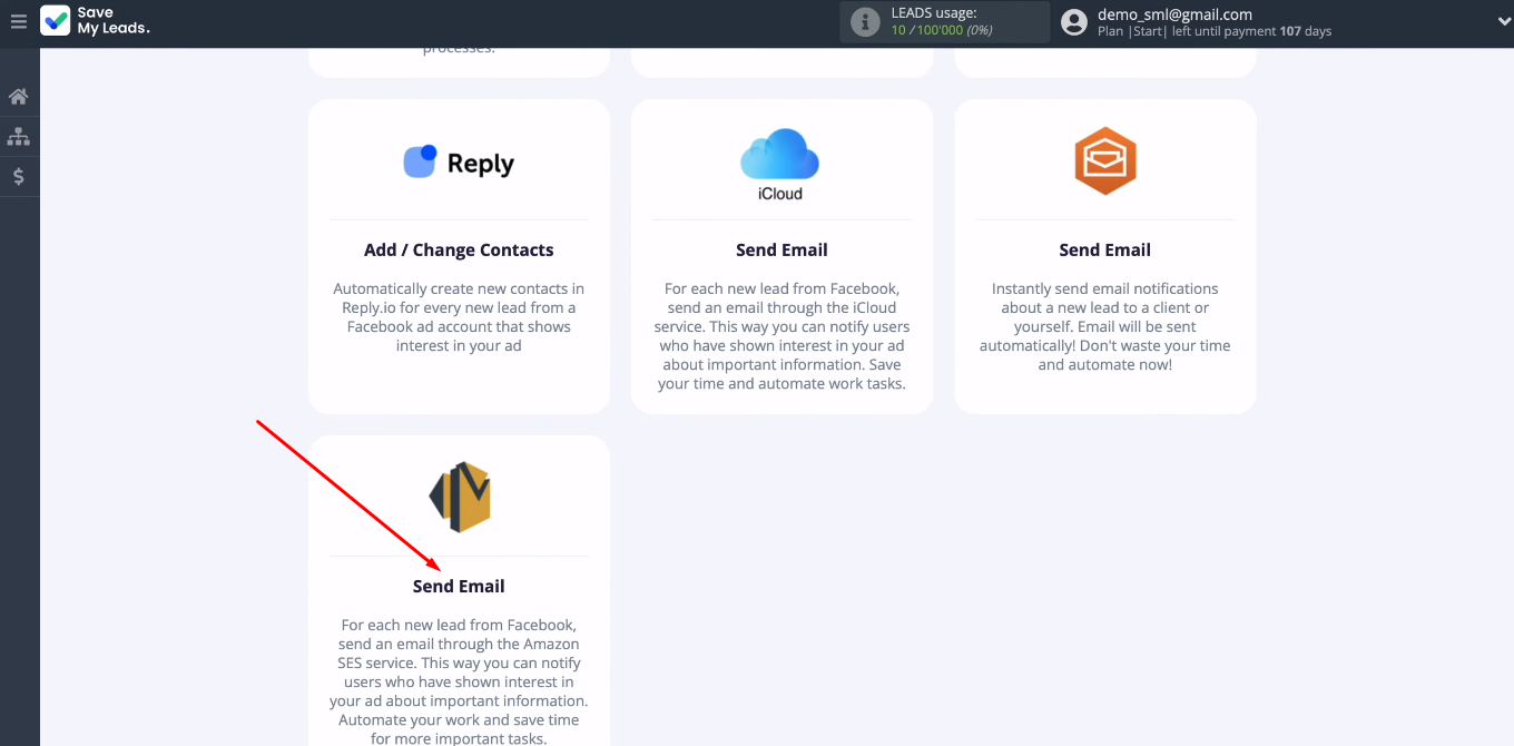 Facebook and Amazon SES integration | Select the template Facebook and Amazon SES integration | Select the template