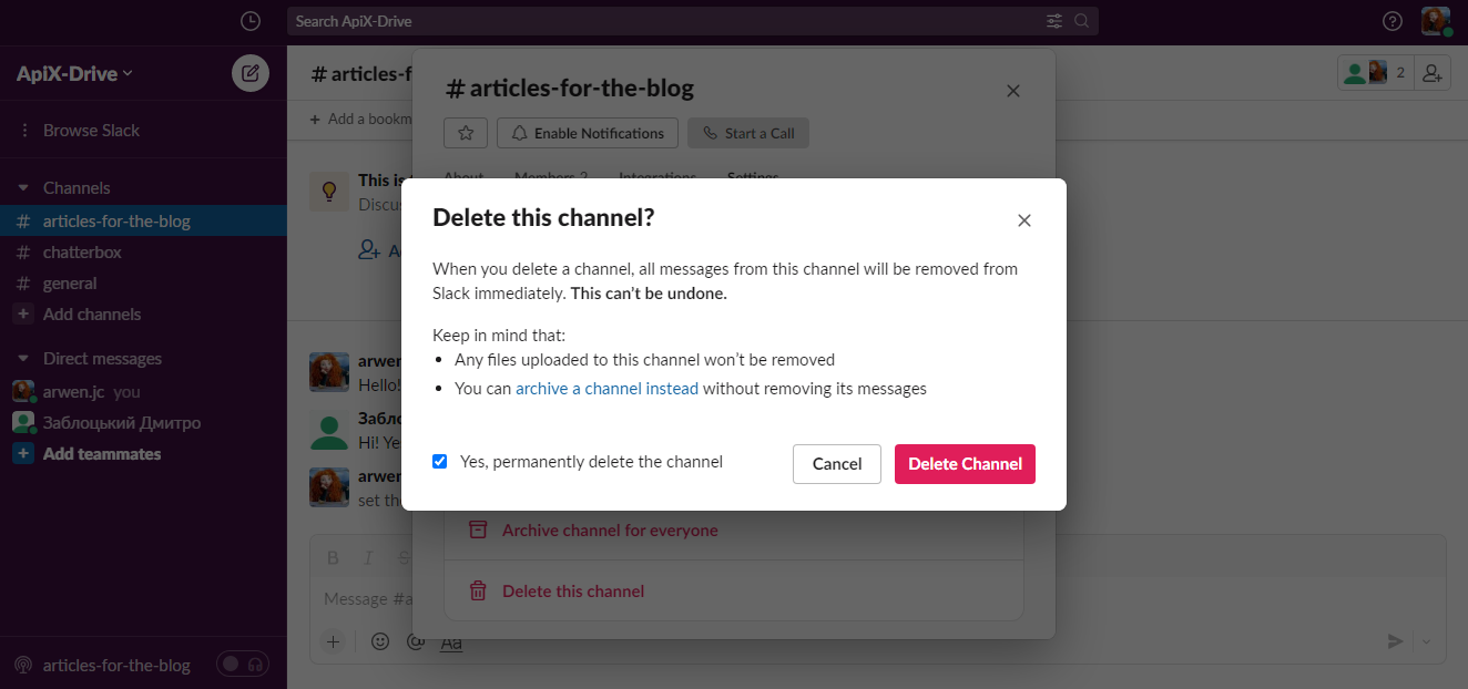 Delete Channel Delete Channel