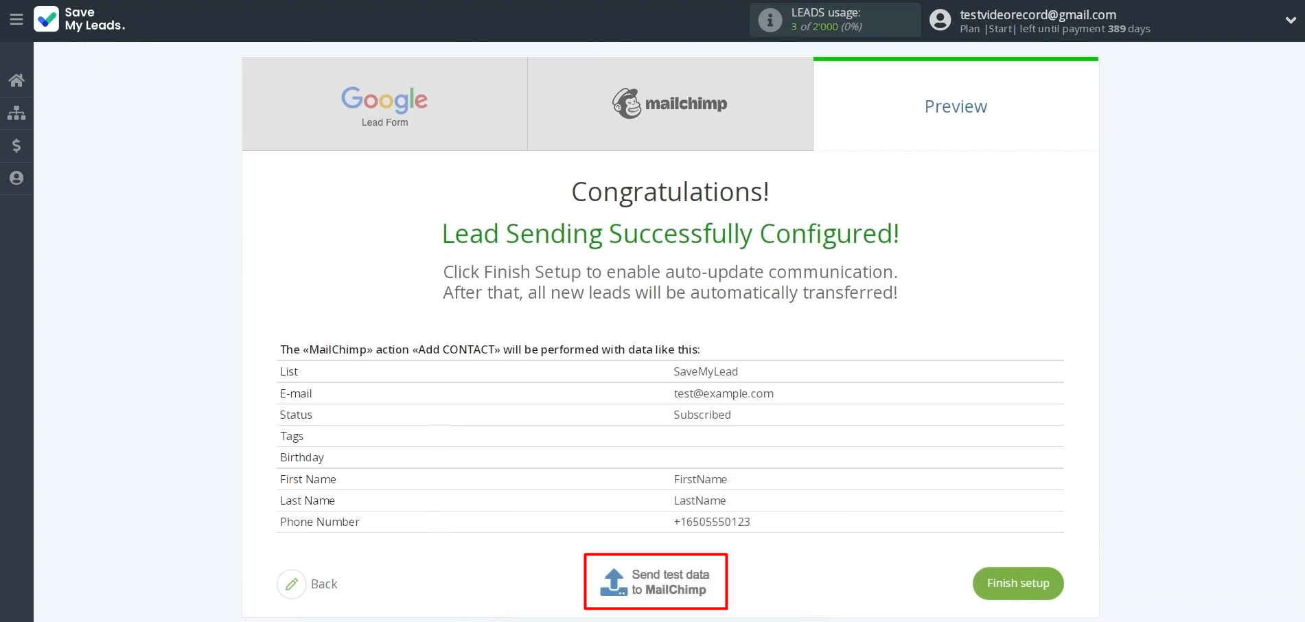 Google Lead Form and Mailchimp integration | Click "Send Test Data to Mailchimp" Google Lead Form and Mailchimp integration | Click "Send Test Data to Mailchimp"