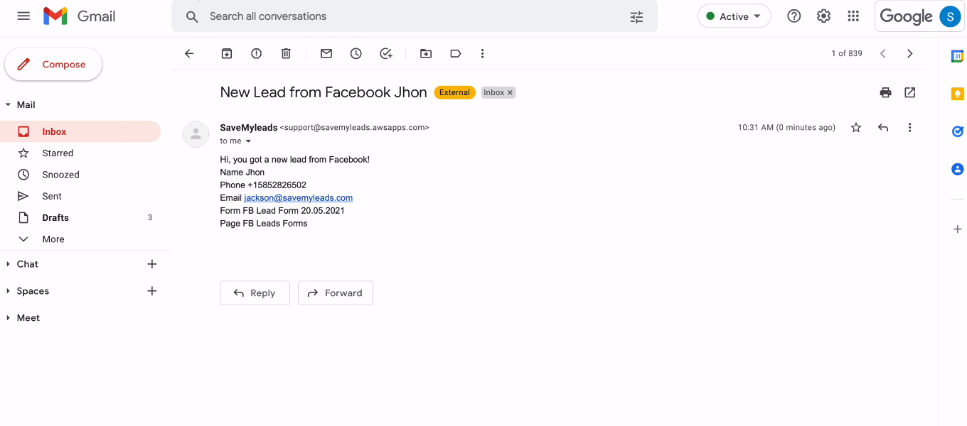 Facebook and Amazon WorkMail integration | The test email Facebook and Amazon WorkMail integration | The test email
