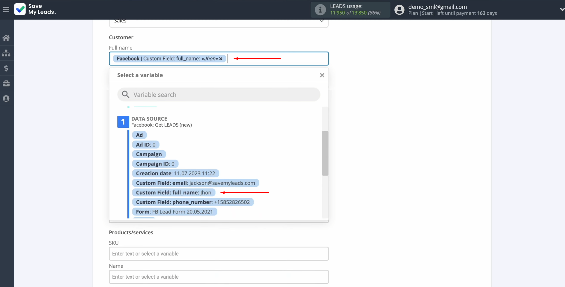 Facebook and KeyCRM integration | Select a variable from the drop-down list Facebook and KeyCRM integration | Select a variable from the drop-down list
