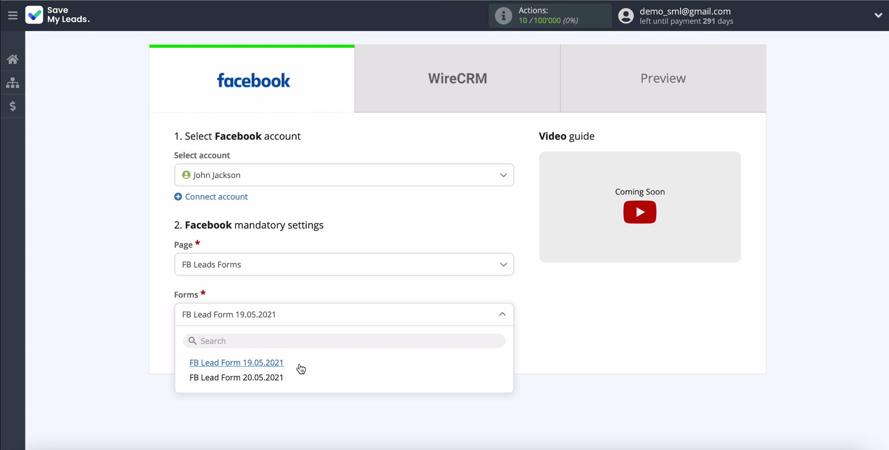 Facebook and WireCRM integration | Specify the forms Facebook and WireCRM integration | Specify the forms