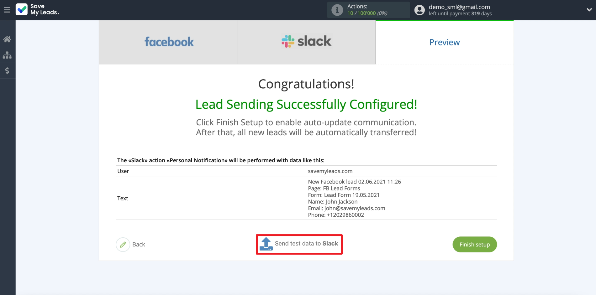How to set up the upload of new leads from Facebook ad account to Slack private messages | Sending test data to Slack How to set up the upload of new leads from Facebook ad account to Slack private messages | Sending test data to Slack