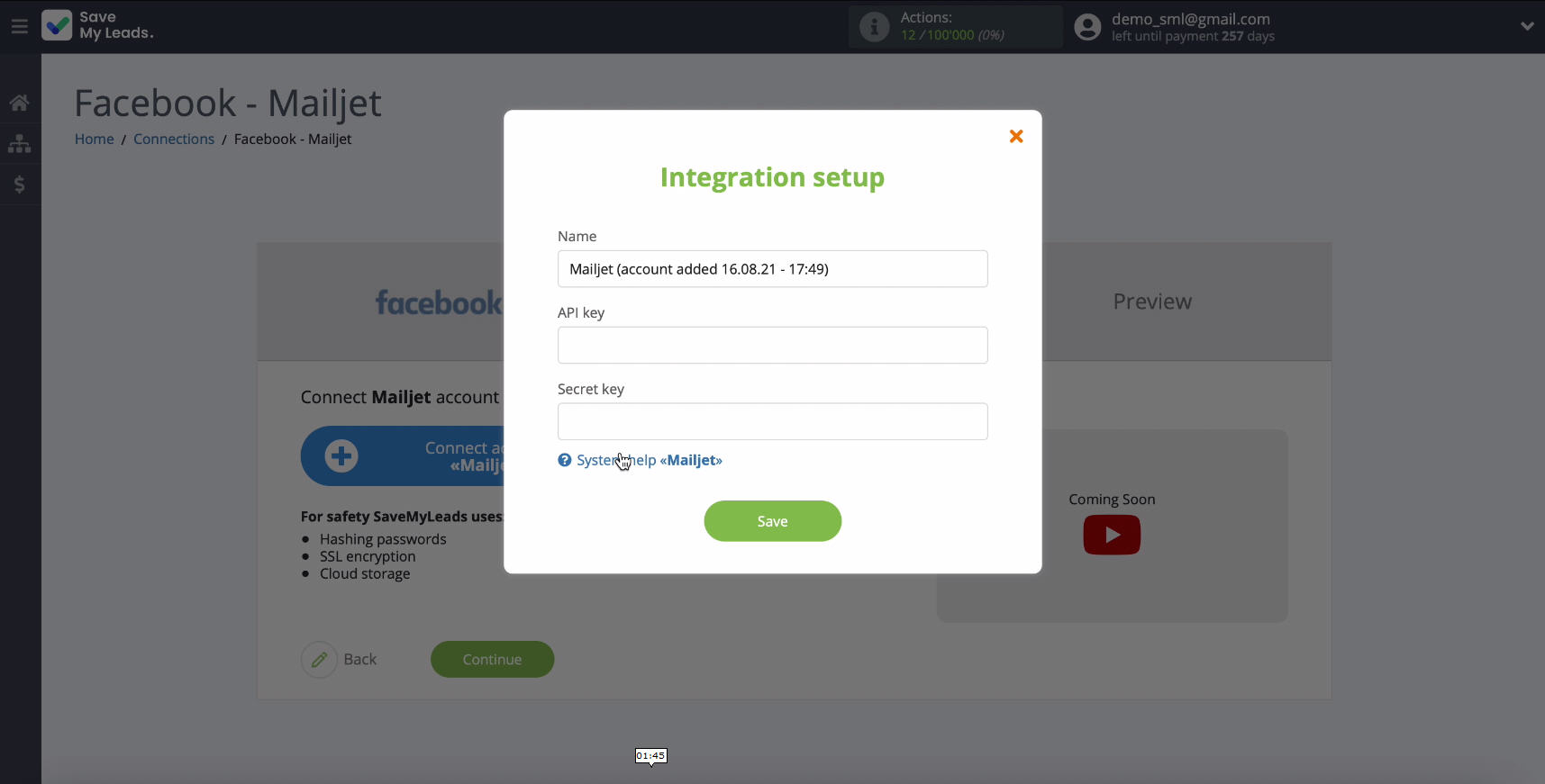 Facebook and Mailjet integration | Window for entering the API Key and Secret Key Facebook and Mailjet integration | Window for entering the API Key and Secret Key