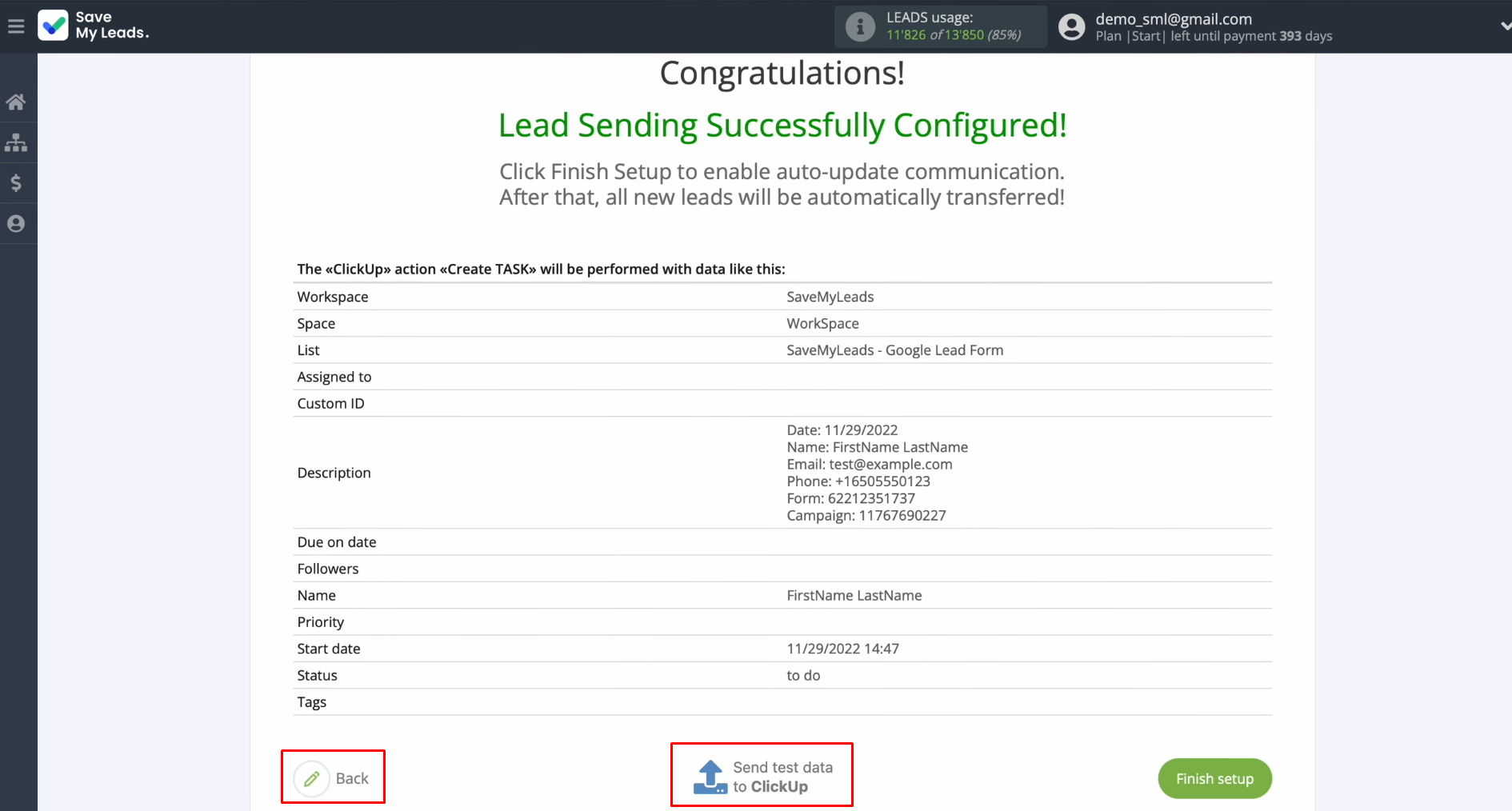 Google Ads Lead Form and ClickUp integration | To test your configuration, click “Send Test Data” Google Ads Lead Form and ClickUp integration | To test your configuration, click “Send Test Data”
