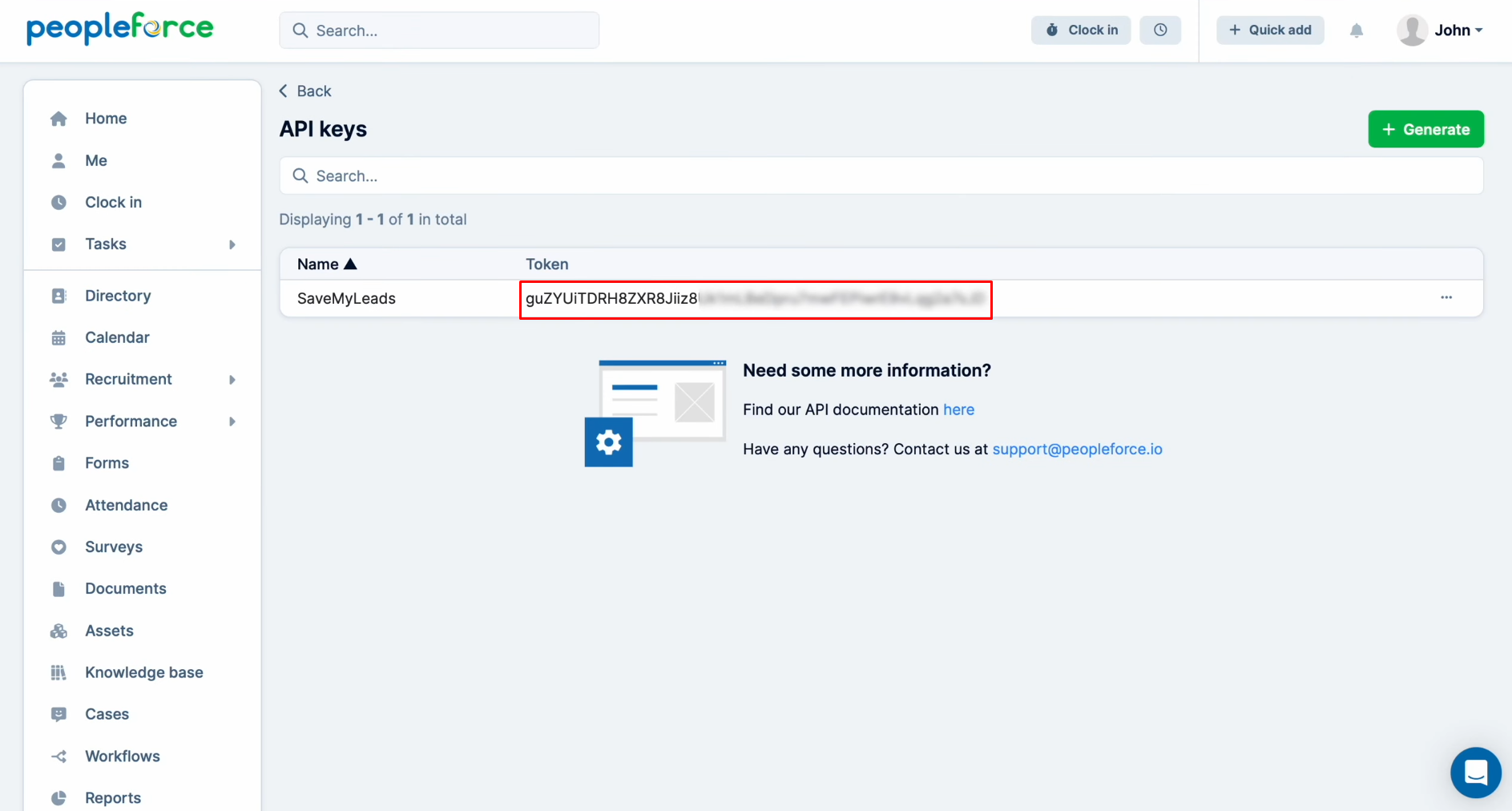 PeopleForce and Facebook integration | Copy the API key PeopleForce and Facebook integration | Copy the API key