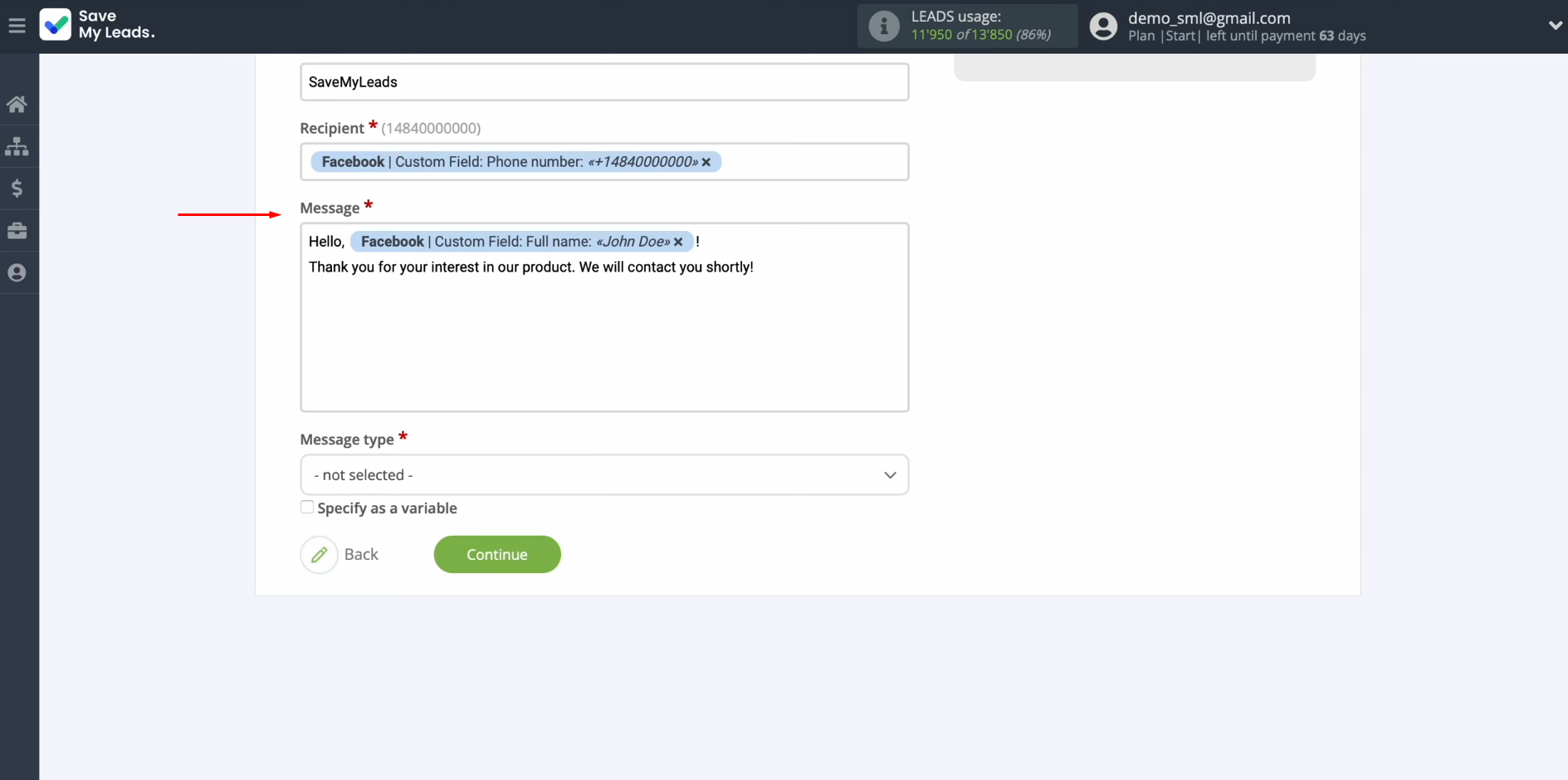 Telesign and Facebook integration | Create a message that will be sent as an SMS Telesign and Facebook integration | Create a message that will be sent as an SMS