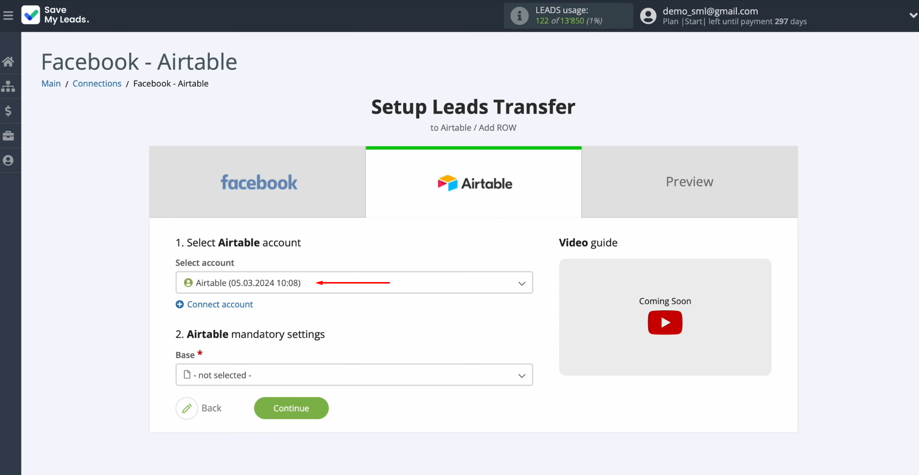 Facebook and Airtable integration | Select the connected login Facebook and Airtable integration | Select the connected login