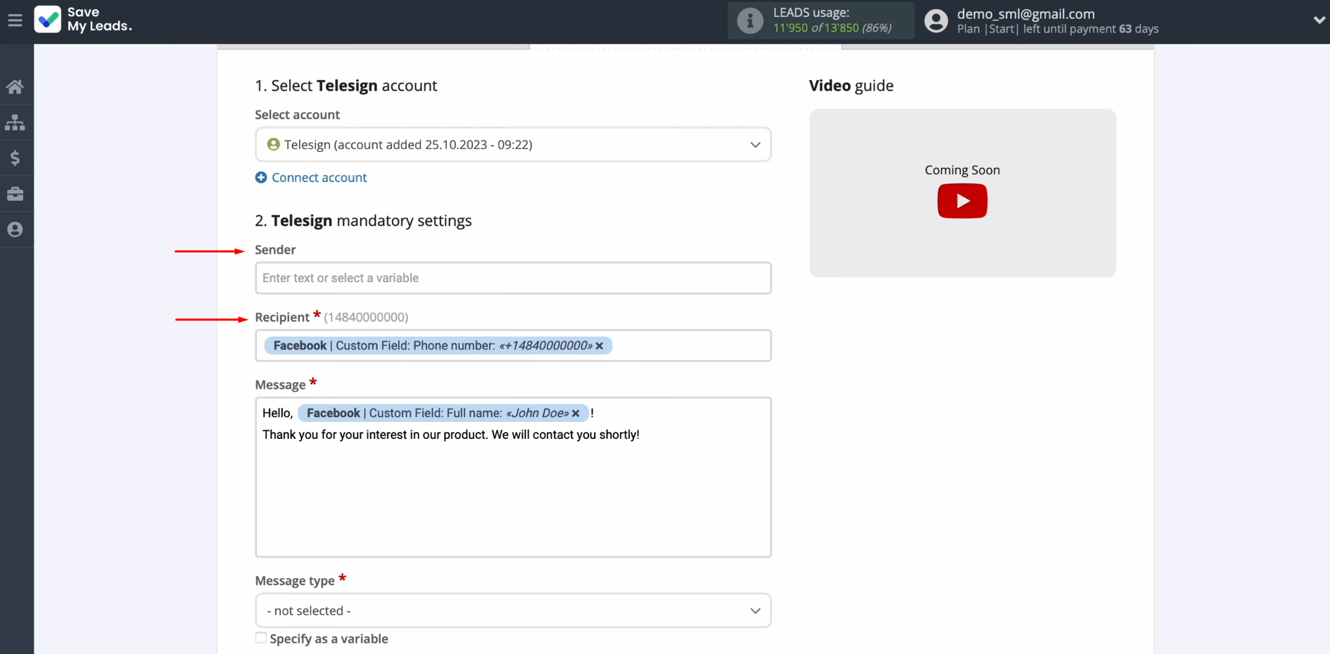Telesign and Facebook integration | Telesign fields for sending SMS messages Telesign and Facebook integration | Telesign fields for sending SMS messages
