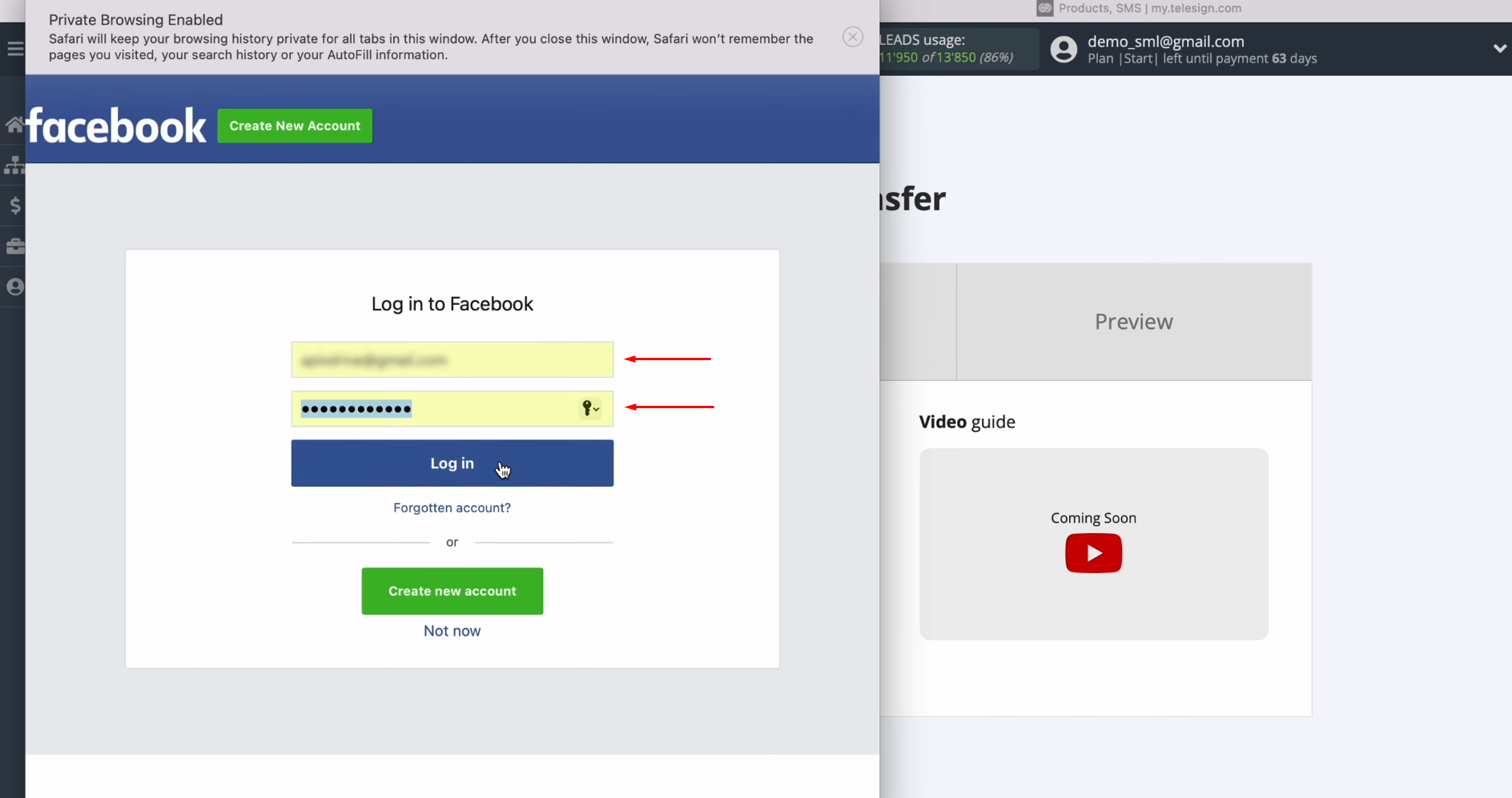 Telesign and Facebook integration | Specify the login and password of your Facebook account Telesign and Facebook integration | Specify the login and password of your Facebook account